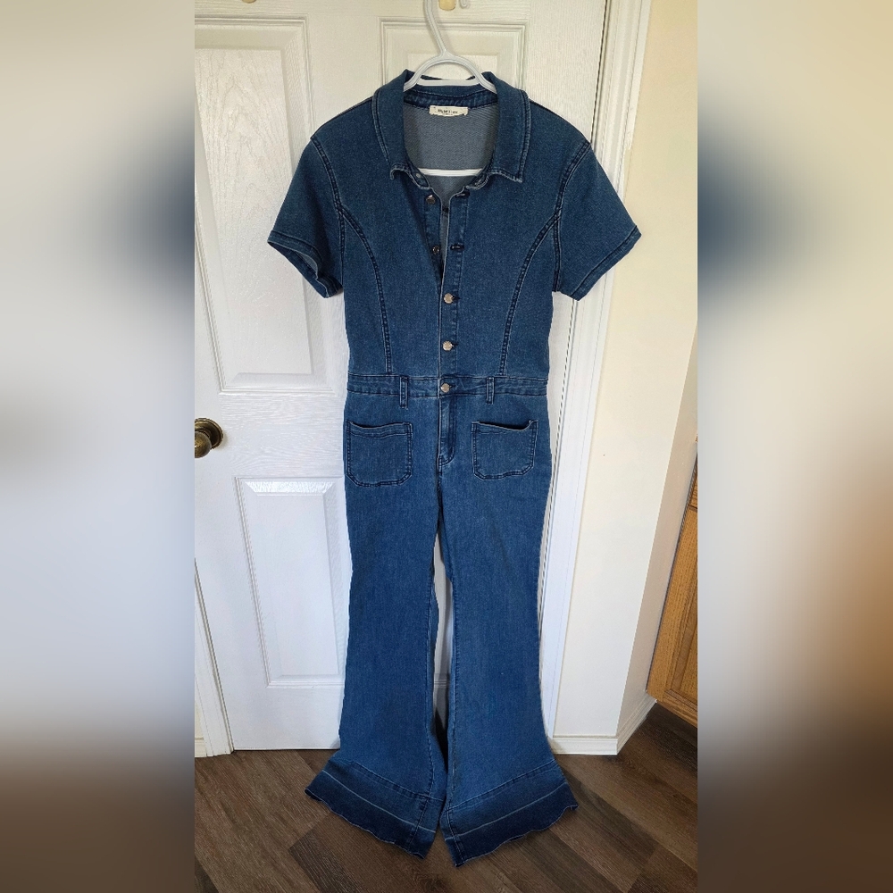 Wisteria Lane Blue Denim Jumpsuit With Bell Bottoms